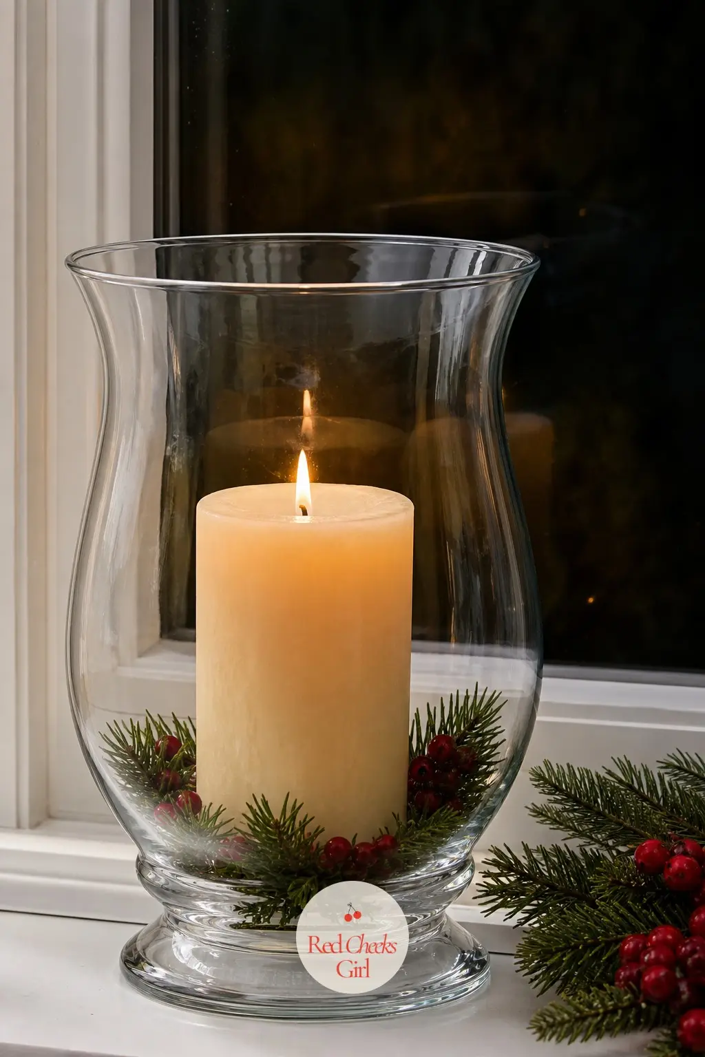 A Single Pillar Candle Glowing Inside a Hurricane on the Kitchen Windowsill — One good hurricane does more work than a crowd of small candles. Christmas window