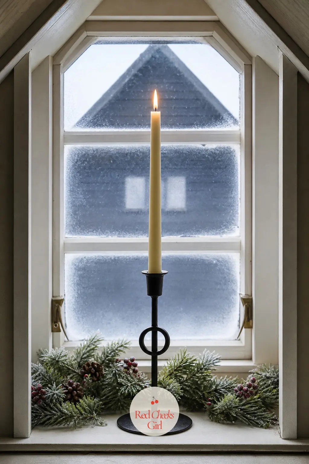 A Single Tall Taper in an Iron Candlestick Centered in an Attic Dormer Window — A dormer window is small and awkward for most decorating, which is exactly why