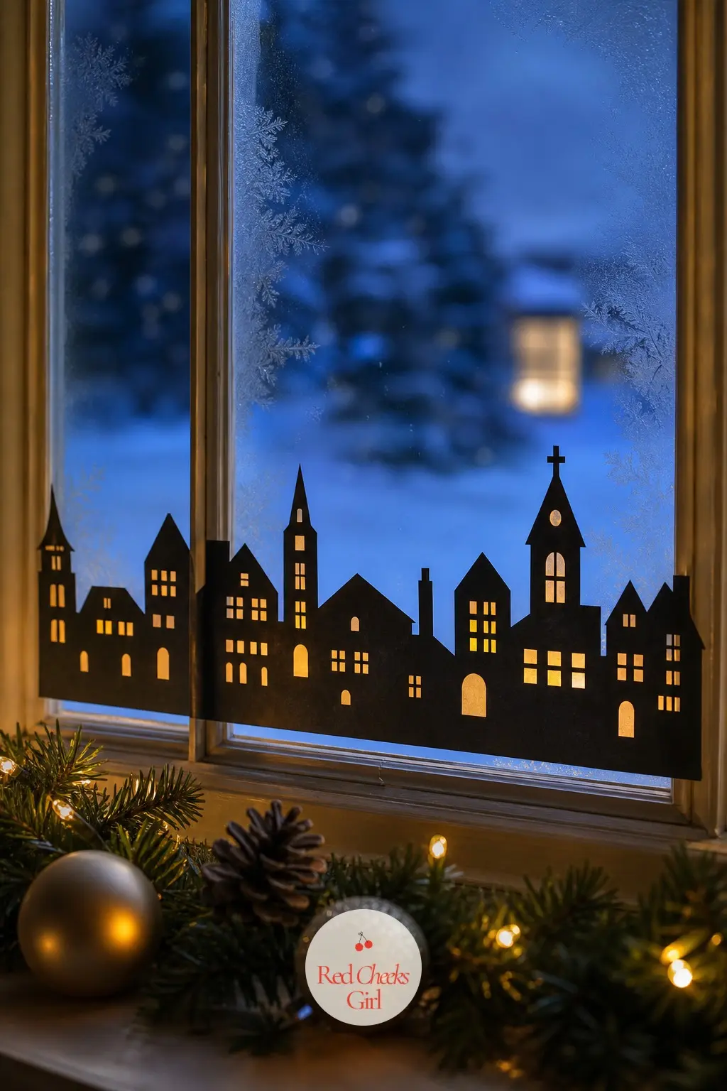 A Snow-Scene Village Skyline Taped Across the Glass — A long strip of black paper cut into rooftops and chimneys, taped low across the glass, turns a plain