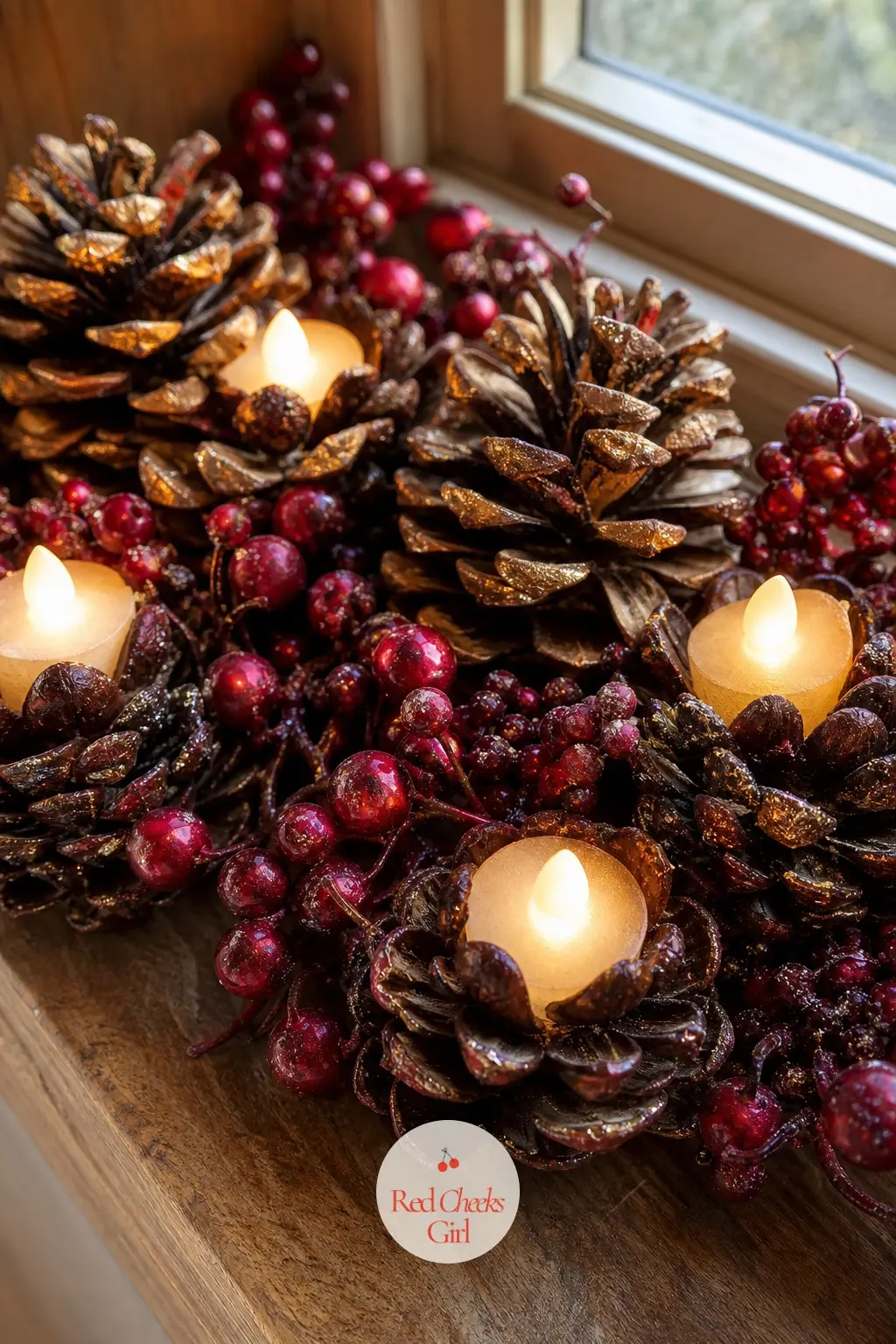 Tiny Battery Tea Lights Tucked Into a Cluster of Pinecones on the Sill — A loose pile of pinecones with a few tea lights nestled between them looks gathered