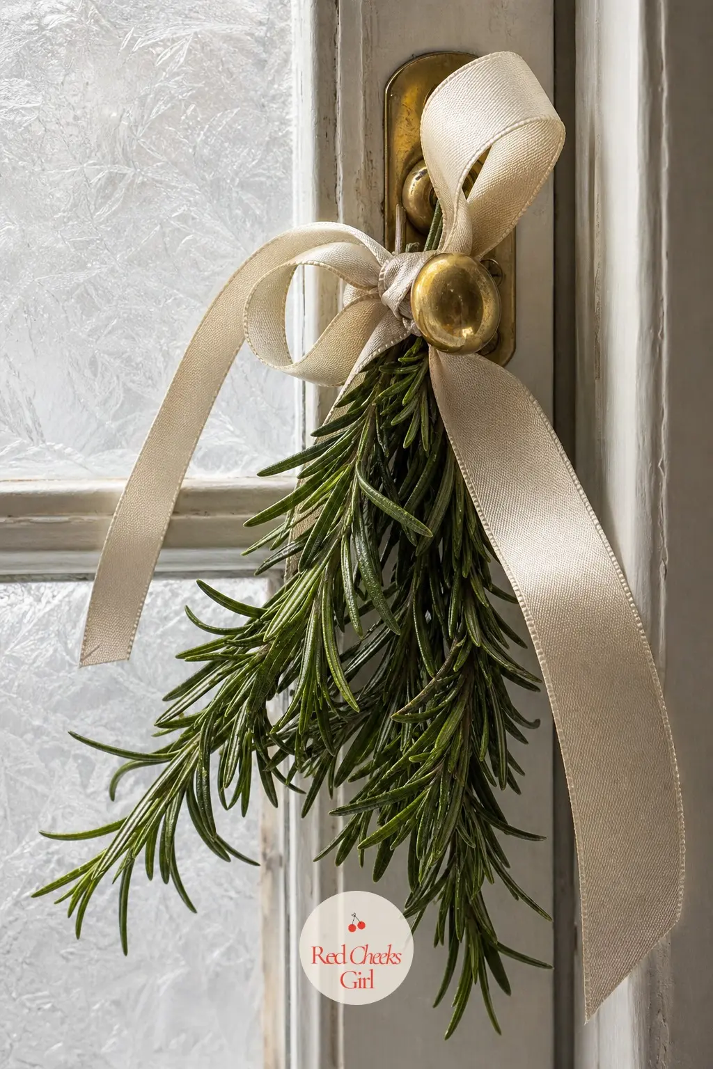 A Twist of Ivory Ribbon and Fresh Rosemary Tied to the Window Latch — The latch itself usually gets ignored completely. Christmas window decorations