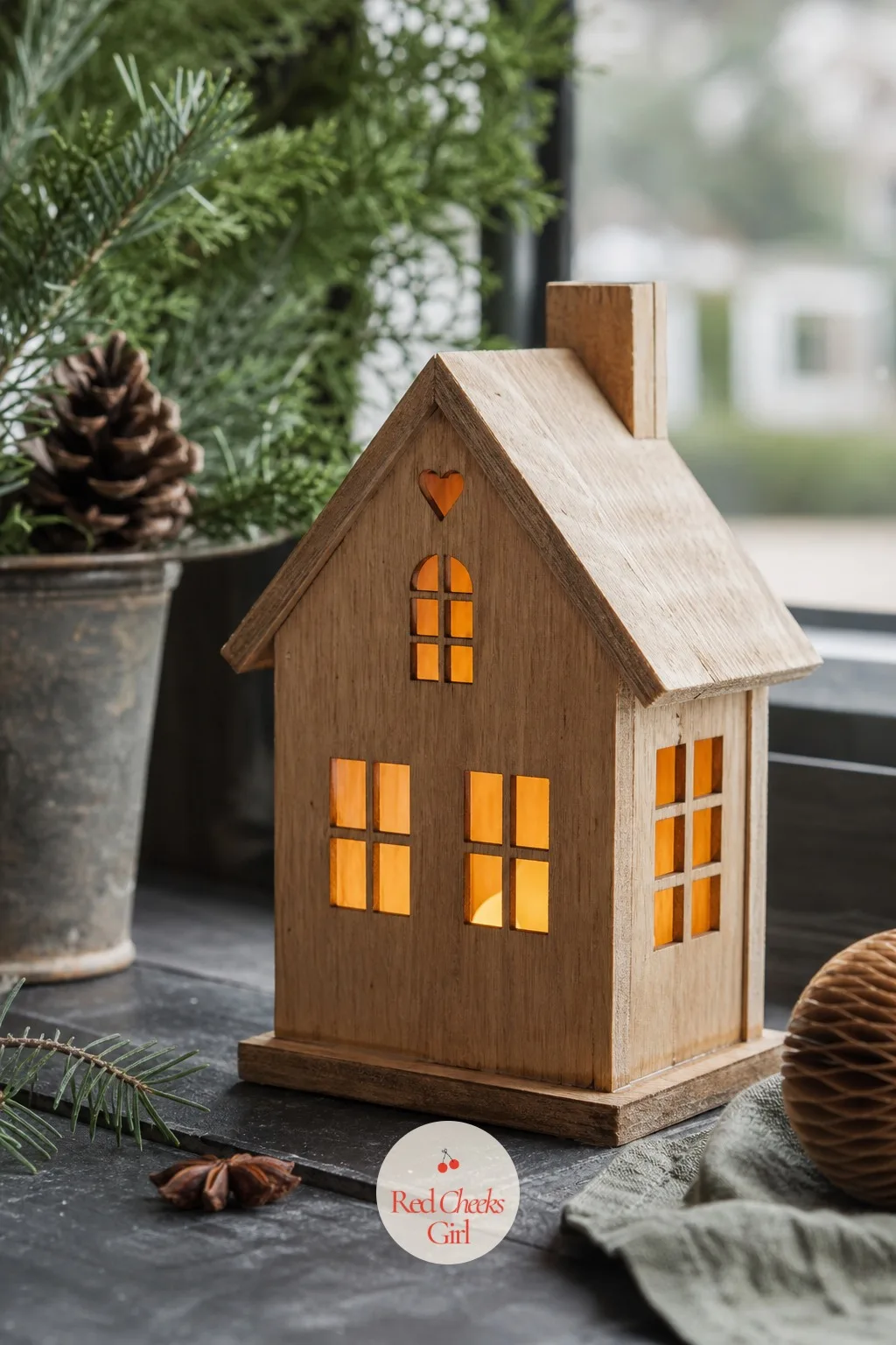 Mini Wood House Luminaries — Battery candles alone look a little bare on a windowsill. Christmas wood crafts