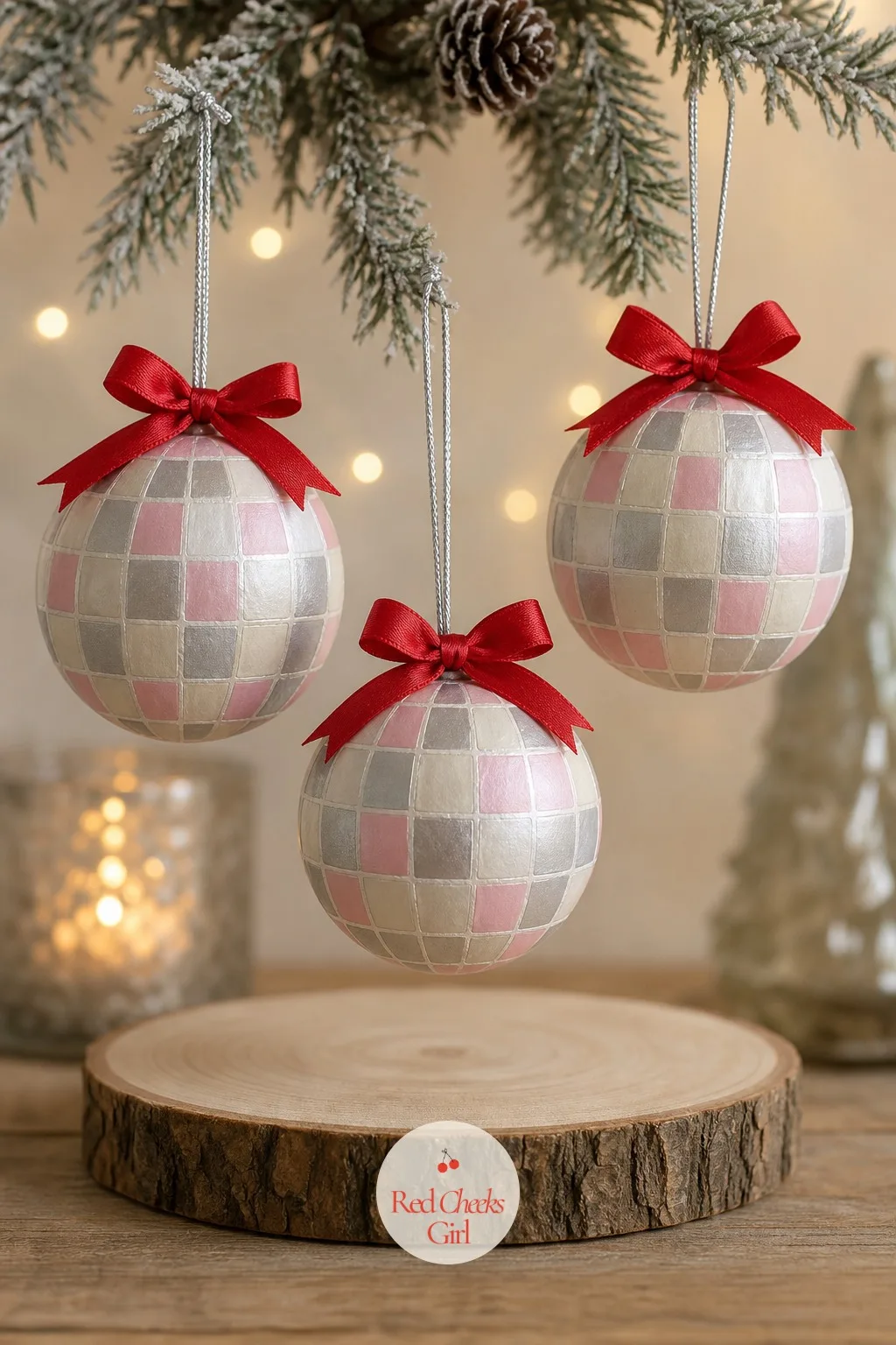 Hand-Painted Disco Ball Ornaments on Wood Base — A real mirrored disco ball is heavy and expensive to ship in bulk, so this ornament borrows the look without