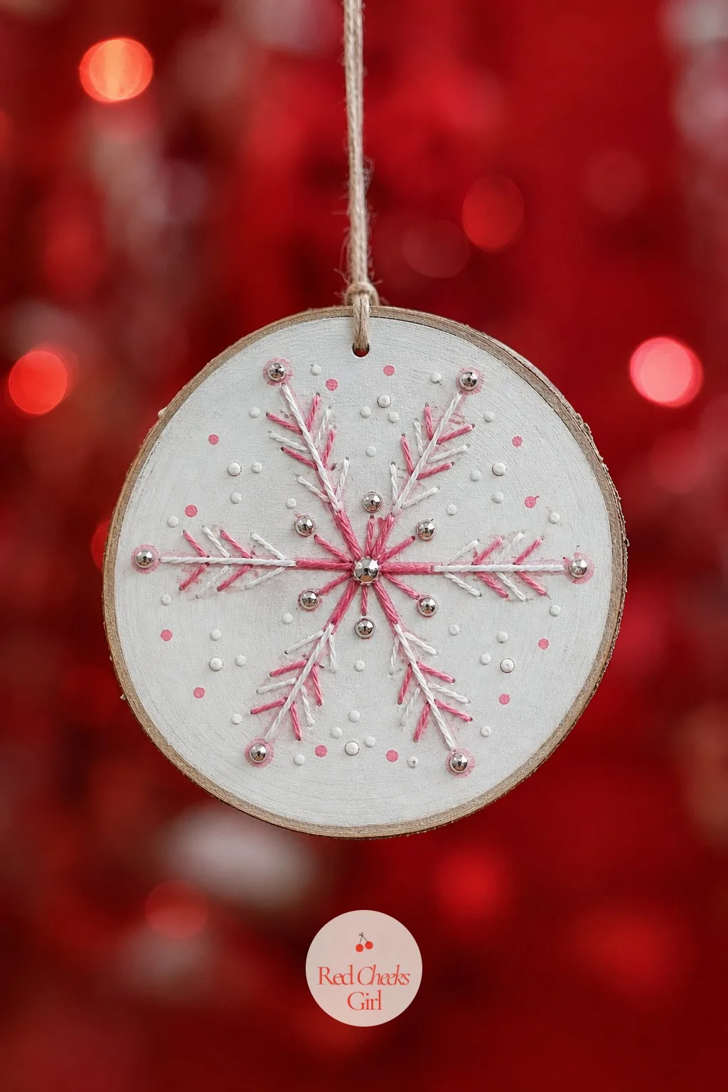 Hand-Stitched Wood Slice Snowflake Ornaments — This is the one that photographs as obviously handmade, because the snowflake arms are not painted on at all