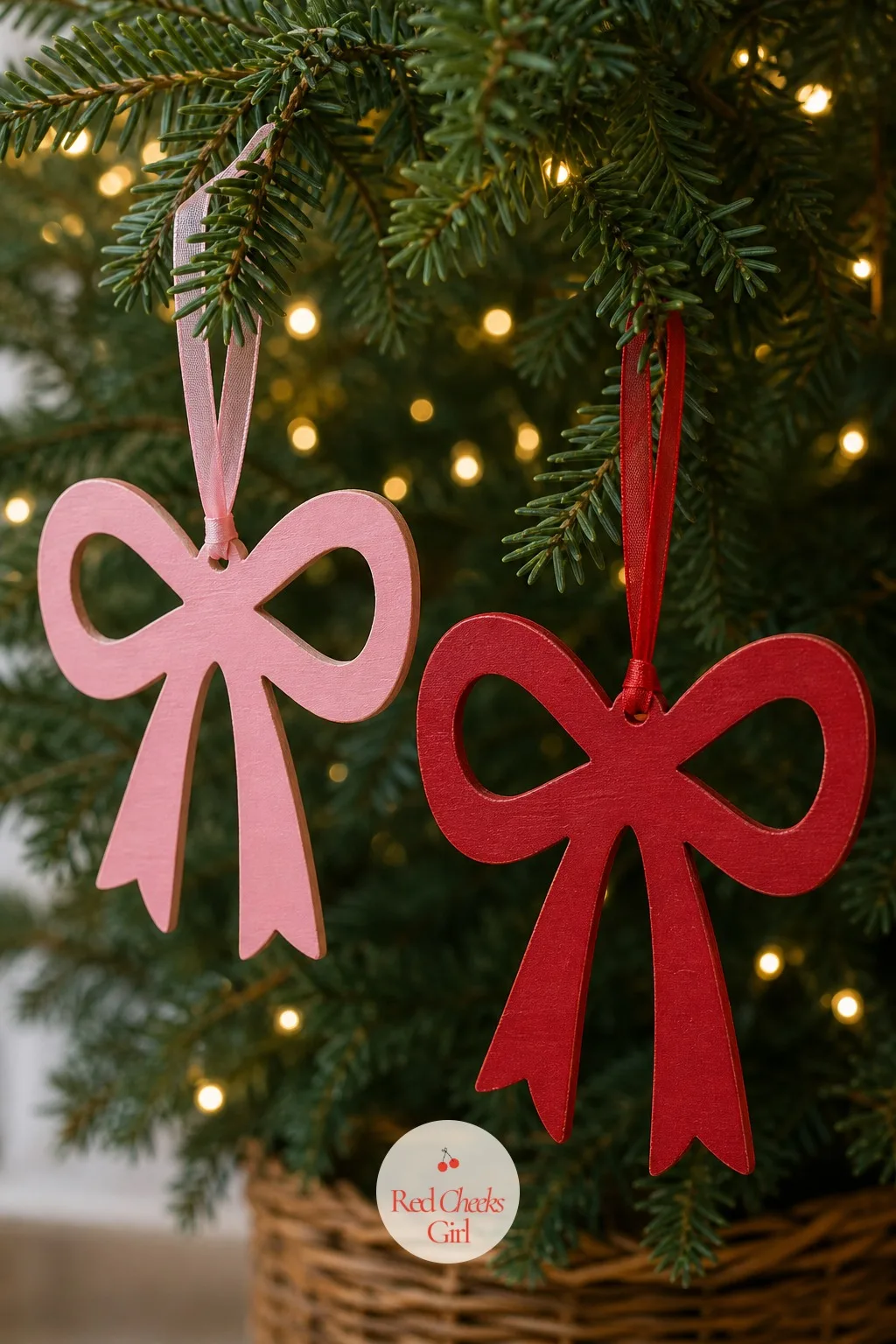 Satin Bow Ornaments in Pink and Cherry Red — A bow cut from thin plywood is a simple shape with a big payoff. Christmas wood crafts to sell