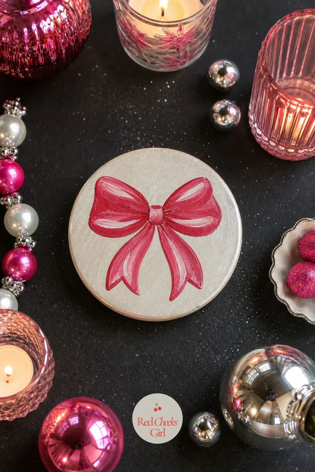 Wood Coasters with Hand-Painted Bows — A coaster has to be useful first and pretty second, or it ends up in a drawer with the mismatched ones. Christmas wood
