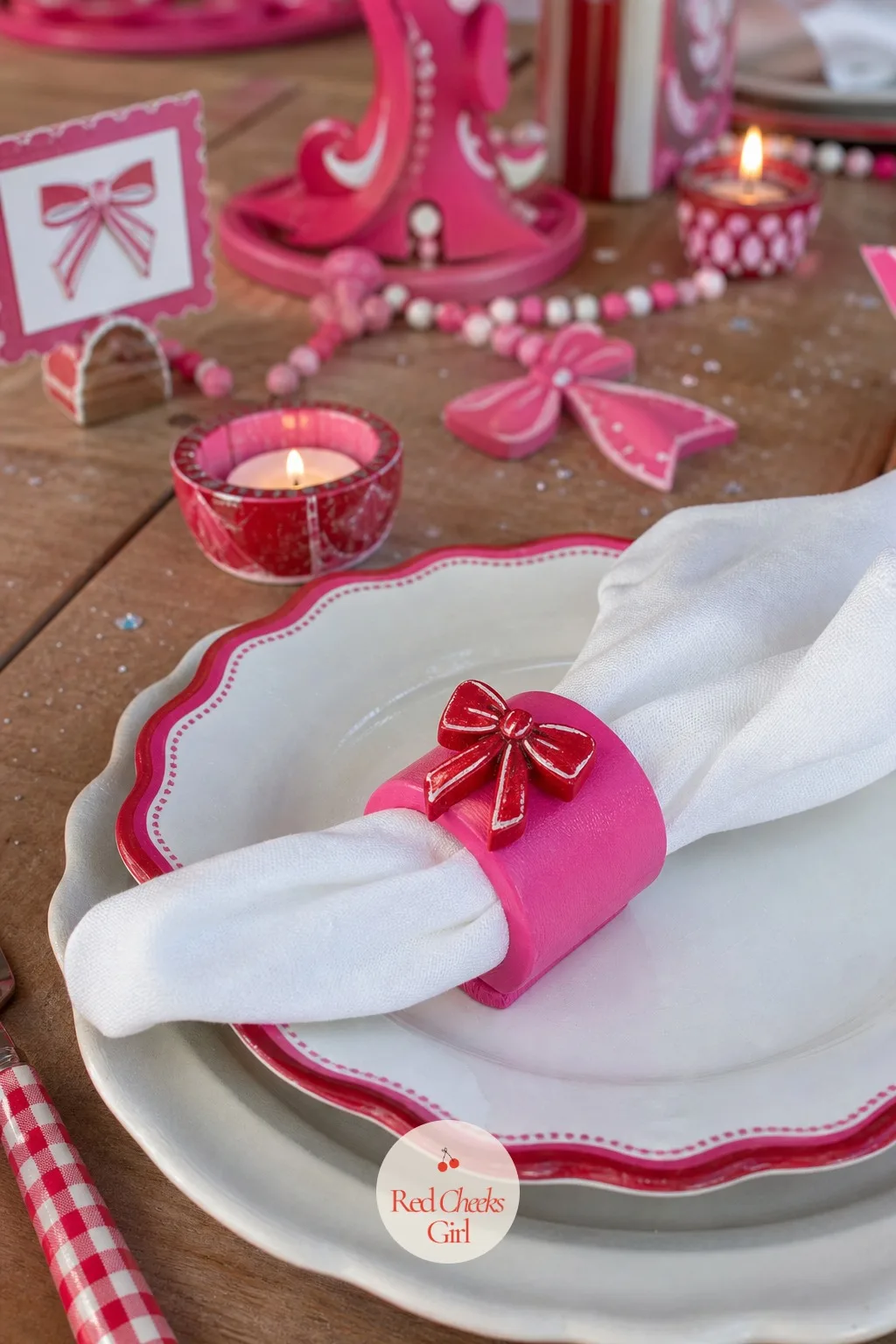 Wooden Napkin Rings with Painted Bows — A napkin ring is the smallest commitment a buyer can make to a whole new table look, which is why it sells even to