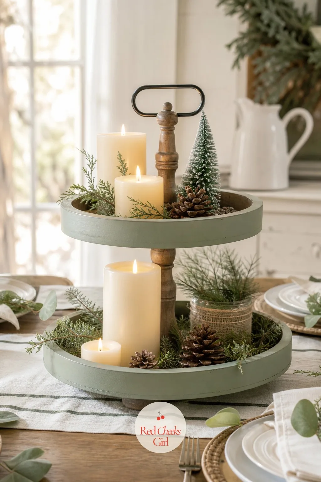 Tiered Wood Tray Centerpiece — A flat platter of ornaments on the table always slides around by the second course. Christmas wood crafts