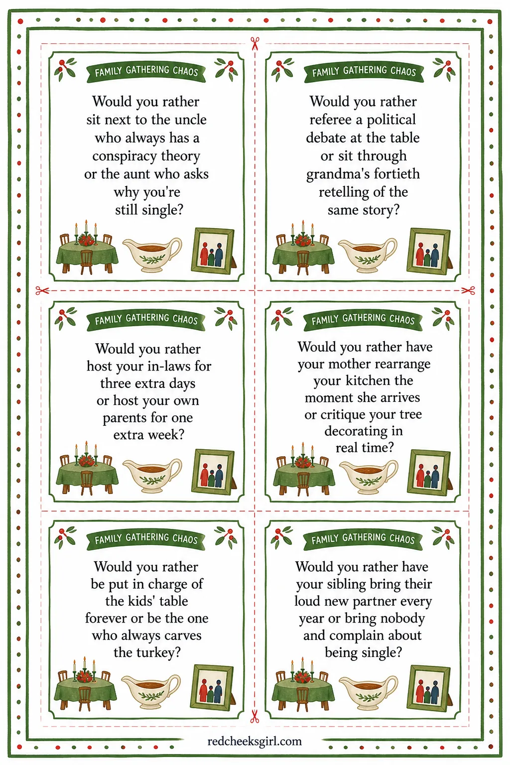 Family Gathering Chaos Cards (Sheet 1) printable sheet. Christmas would you rather
