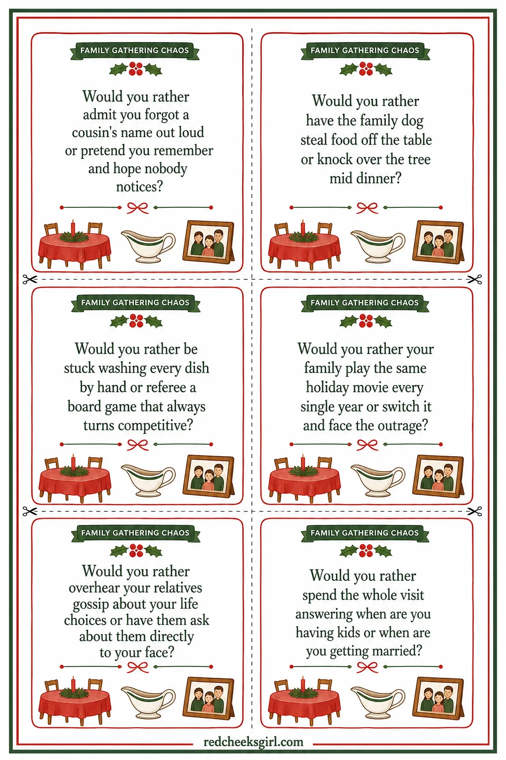 Family Gathering Chaos Cards (Sheet 2) printable sheet. Christmas would you rather