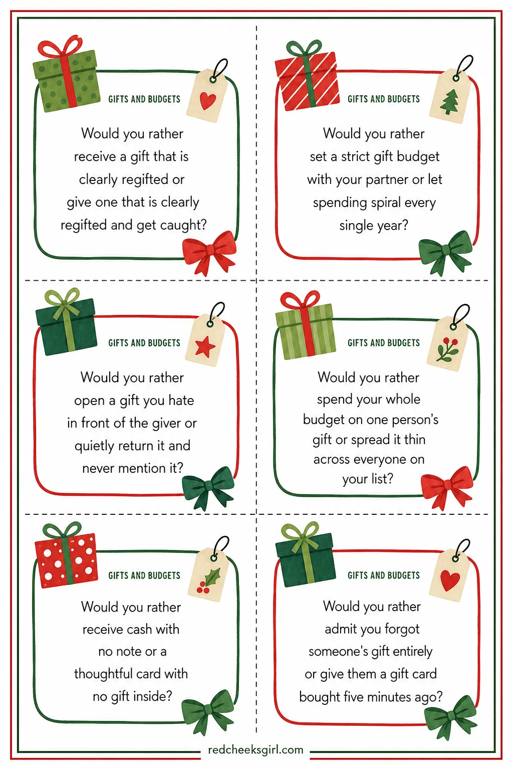 Gifts and Budgets Cards (Sheet 1) printable sheet. Christmas would you rather