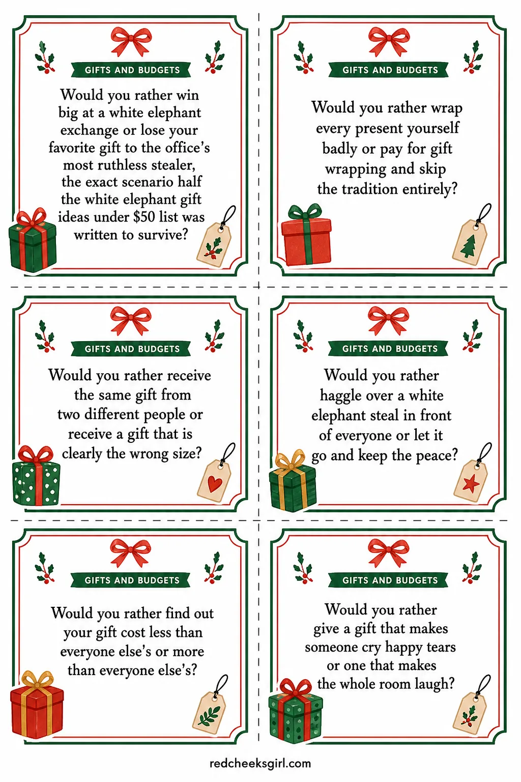 Gifts and Budgets Cards (Sheet 2) printable sheet. Christmas would you rather