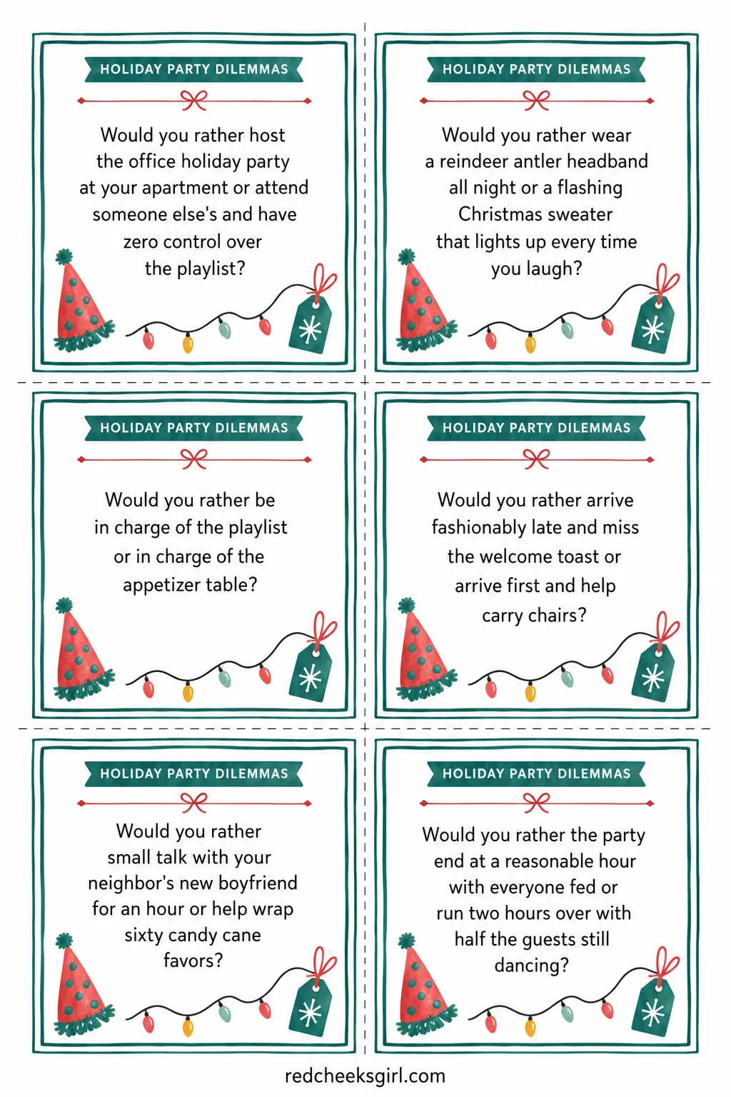 Holiday Party Dilemmas Cards (Sheet 1) printable sheet. Christmas would you rather