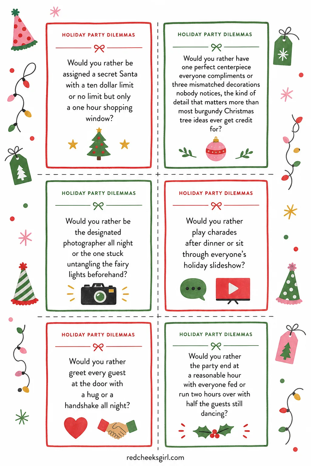 Holiday Party Dilemmas Cards (Sheet 2) printable sheet. Christmas would you rather