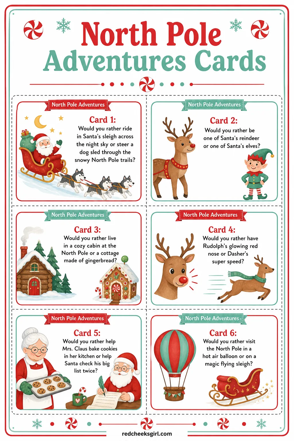North Pole Adventures Cards (Sheet 1) printable sheet. Christmas would you rather for kids