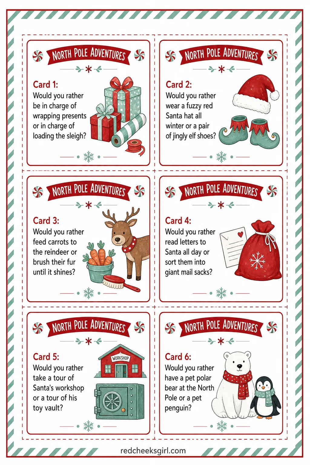 North Pole Adventures Cards (Sheet 2) printable sheet. Christmas would you rather for kids