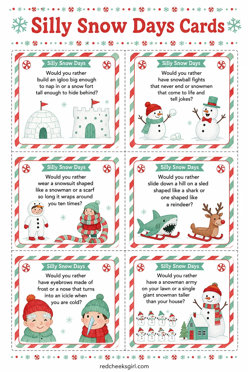 Silly Snow Days Cards (Sheet 2) printable sheet. Christmas would you rather for kids