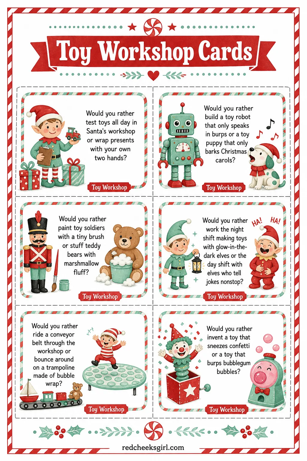 Toy Workshop Cards (Sheet 1) printable sheet. Christmas would you rather for kids