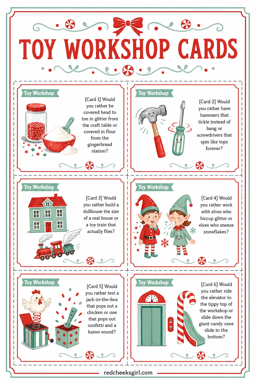 Toy Workshop Cards (Sheet 2) printable sheet. Christmas would you rather for kids