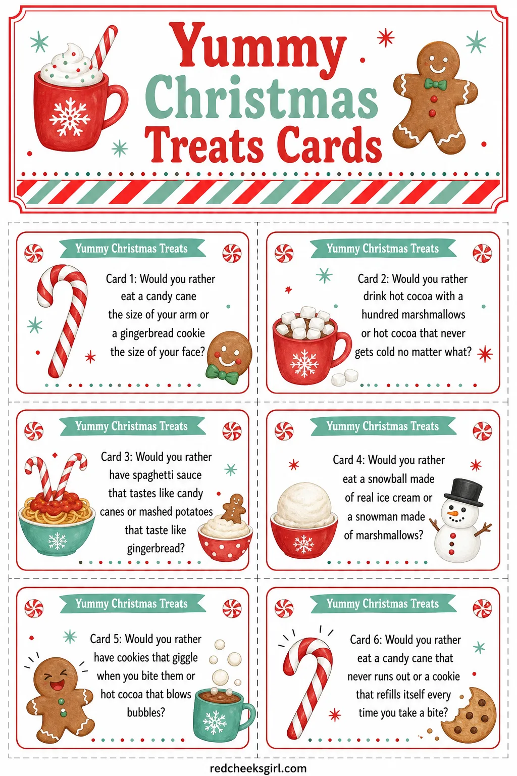 Yummy Christmas Treats Cards (Sheet 1) printable sheet. Christmas would you rather for kids