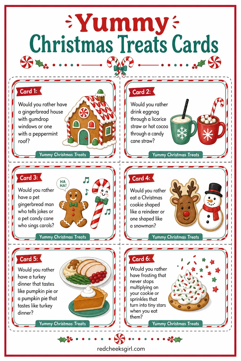 Yummy Christmas Treats Cards (Sheet 2) printable sheet. Christmas would you rather for kids