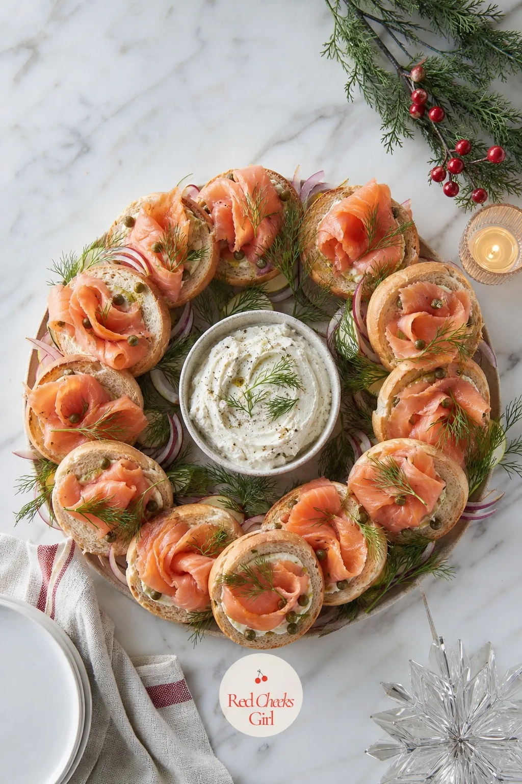 Brunch Wreath — The morning after a party, nobody wants cold cuts again, and a plain bagel spread does not feel like an occasion. Christmas wreath charcuterie