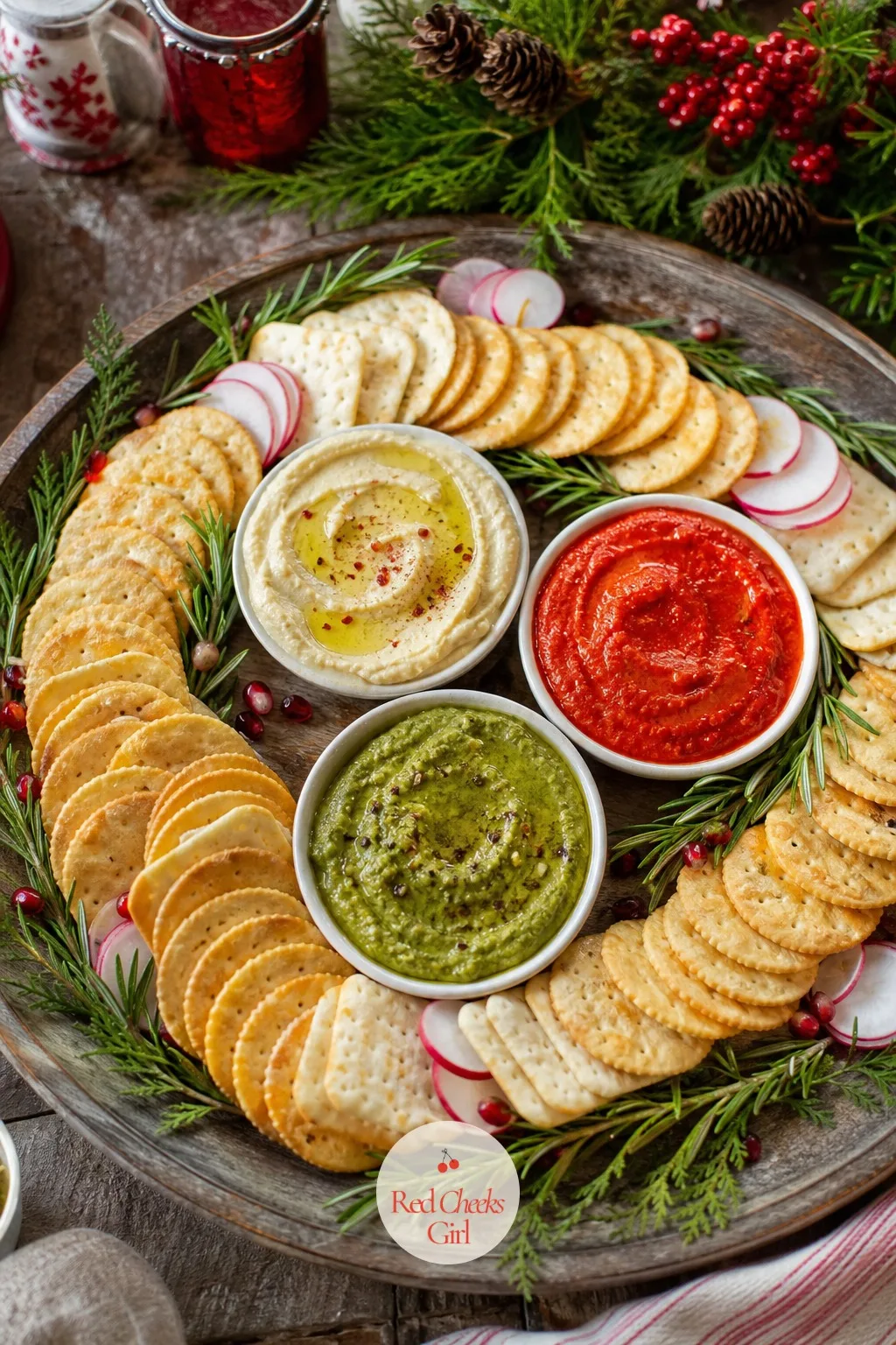 Cracker and Dip Wreath — One sad bowl of dip surrounded by crackers is a snack plate, not a wreath, and everyone can tell the difference at a glance. Christmas