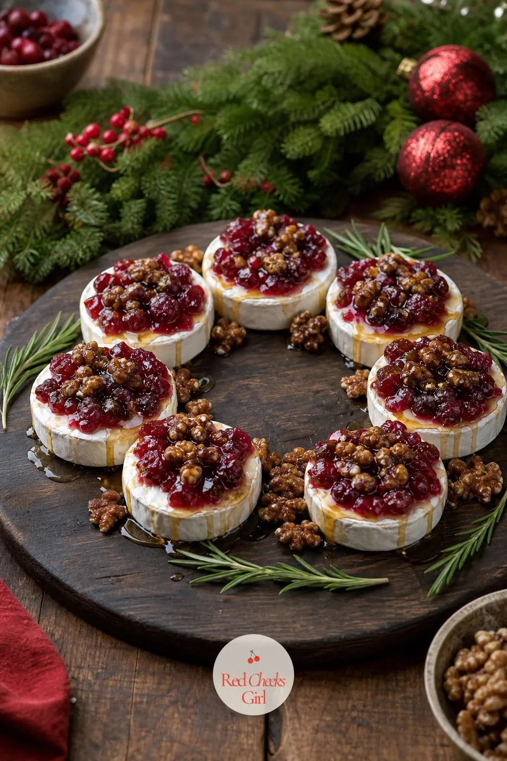 Cranberry Brie Wreath — A single baked brie wheel is lovely but it is one blob in the middle of a board, not a wreath, and it leaves the rest of the platter