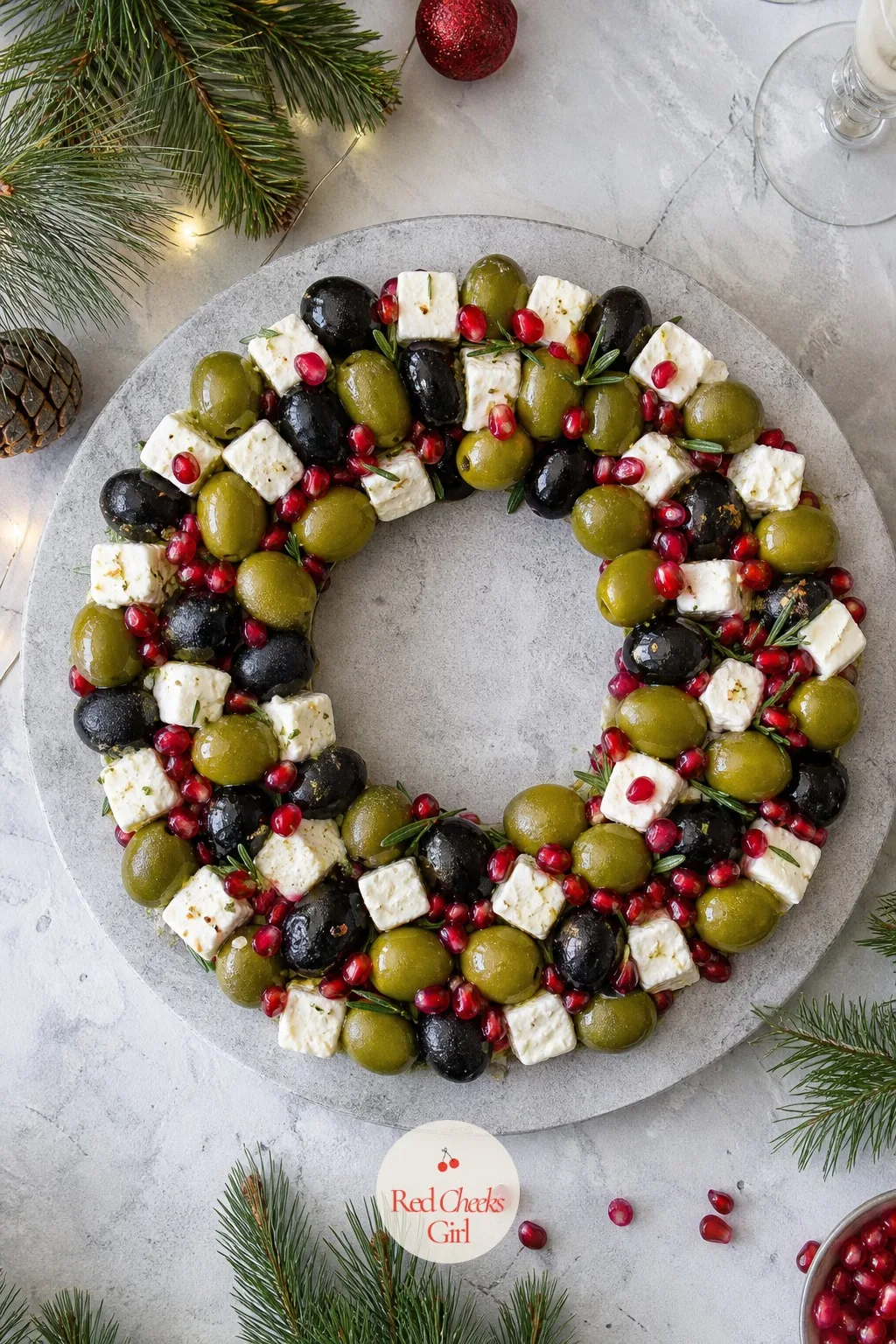 Olive and Feta Wreath — Loose olives roll off a flat plate the second someone reaches past them, and nobody wants to be chasing a kalamata across the floor mid