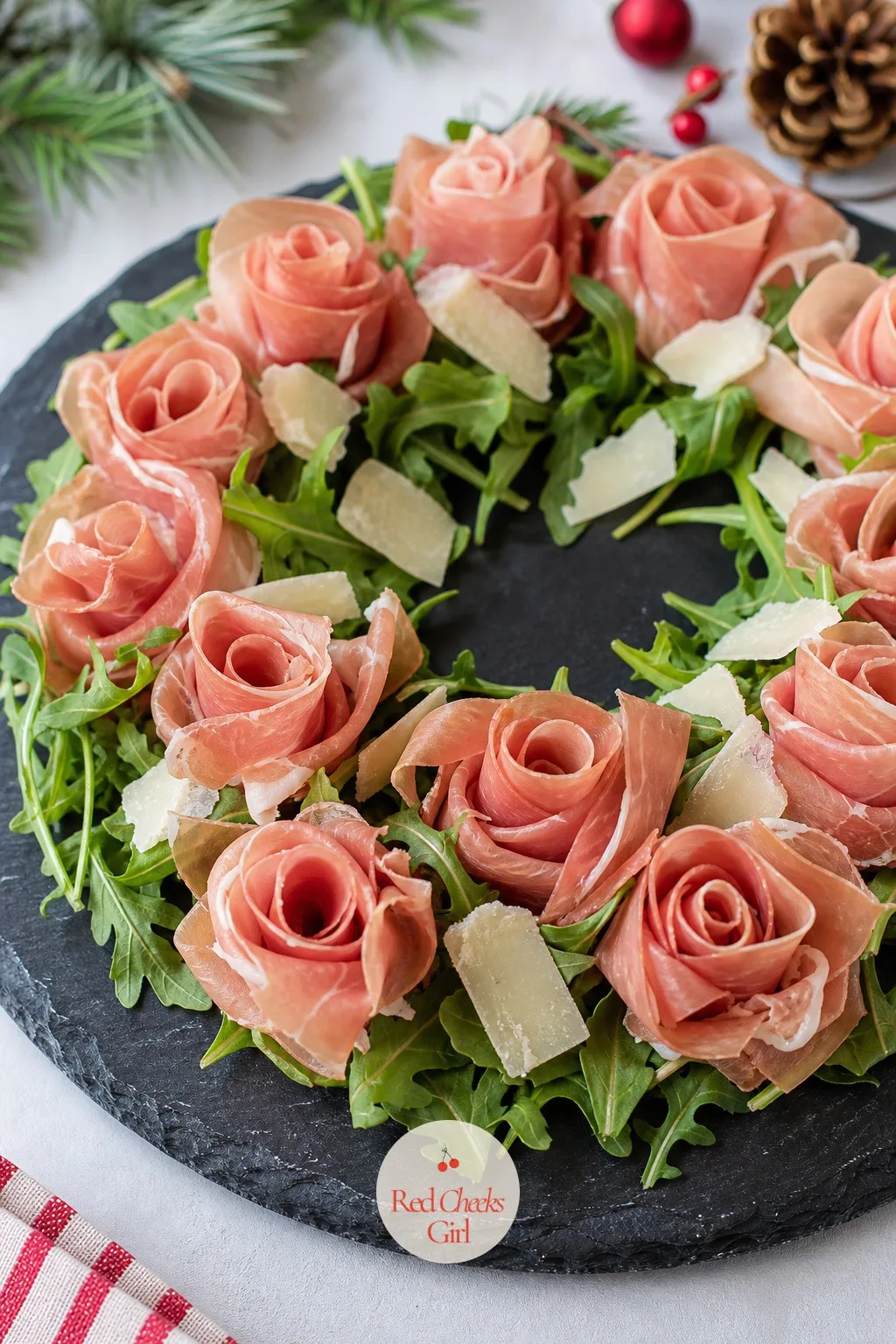 Prosciutto Rose Wreath — Prosciutto laid flat looks like something lifted straight off the deli counter, which is not the look you are going for. Christmas