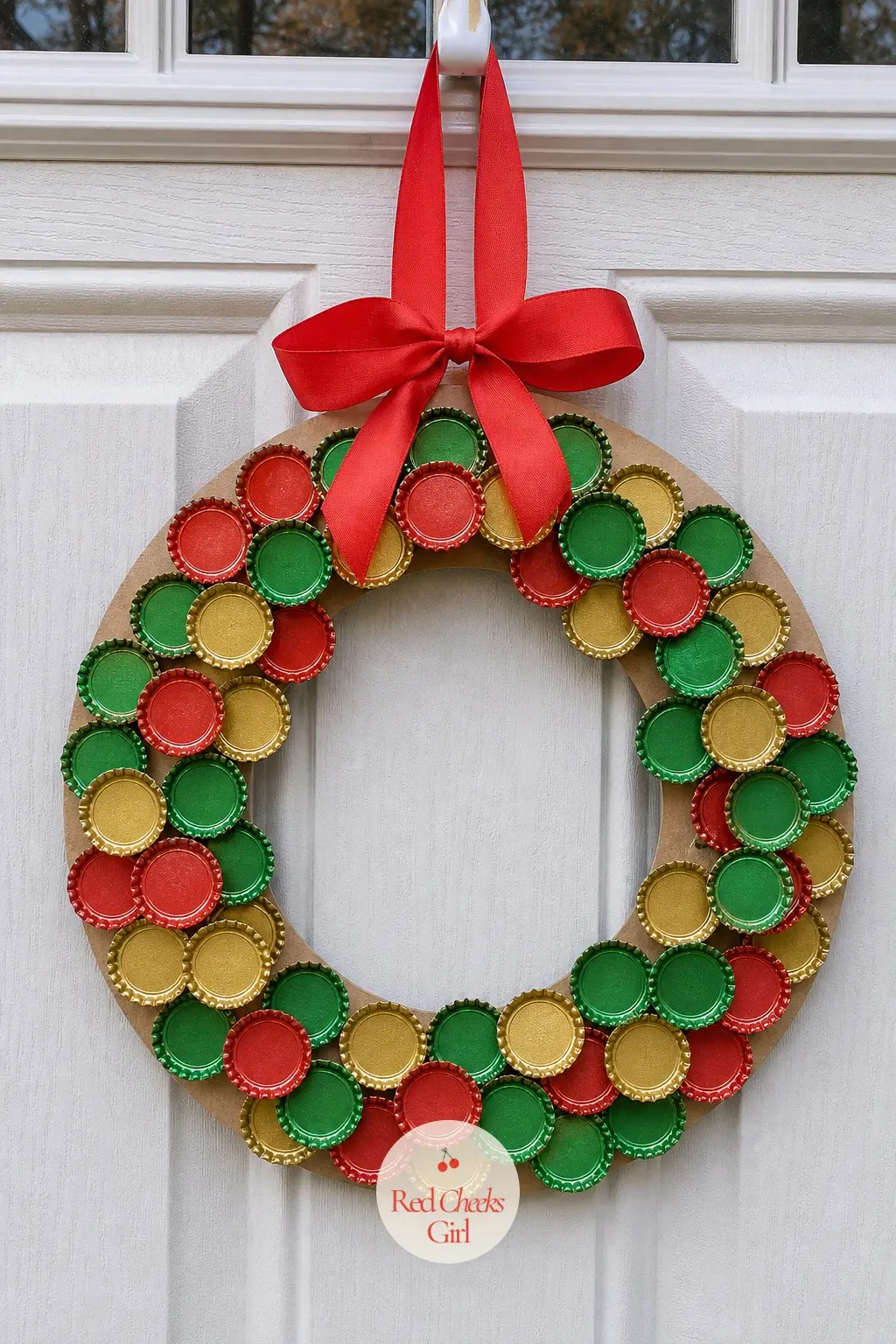 Bottle Cap Ornament Wreath — Collect a few weeks' worth of bottle caps, paint them red, green and gold, and glue them in small clusters around a cardboard ring