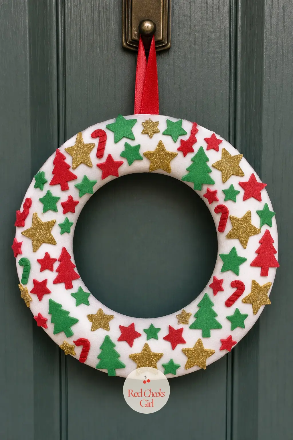 Foam Sticker Wreath — Peel-and-stick foam shapes, stars, little trees and candy canes, go straight onto a plain white paper ring with no glue or paint involved