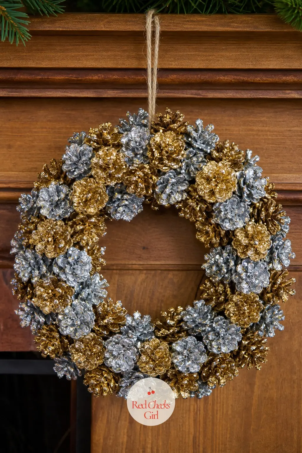 Glitter Pinecone Wreath — Dip small pinecones in craft glue, roll them in a mix of gold and silver glitter, and let them dry upright on wax paper before wiring