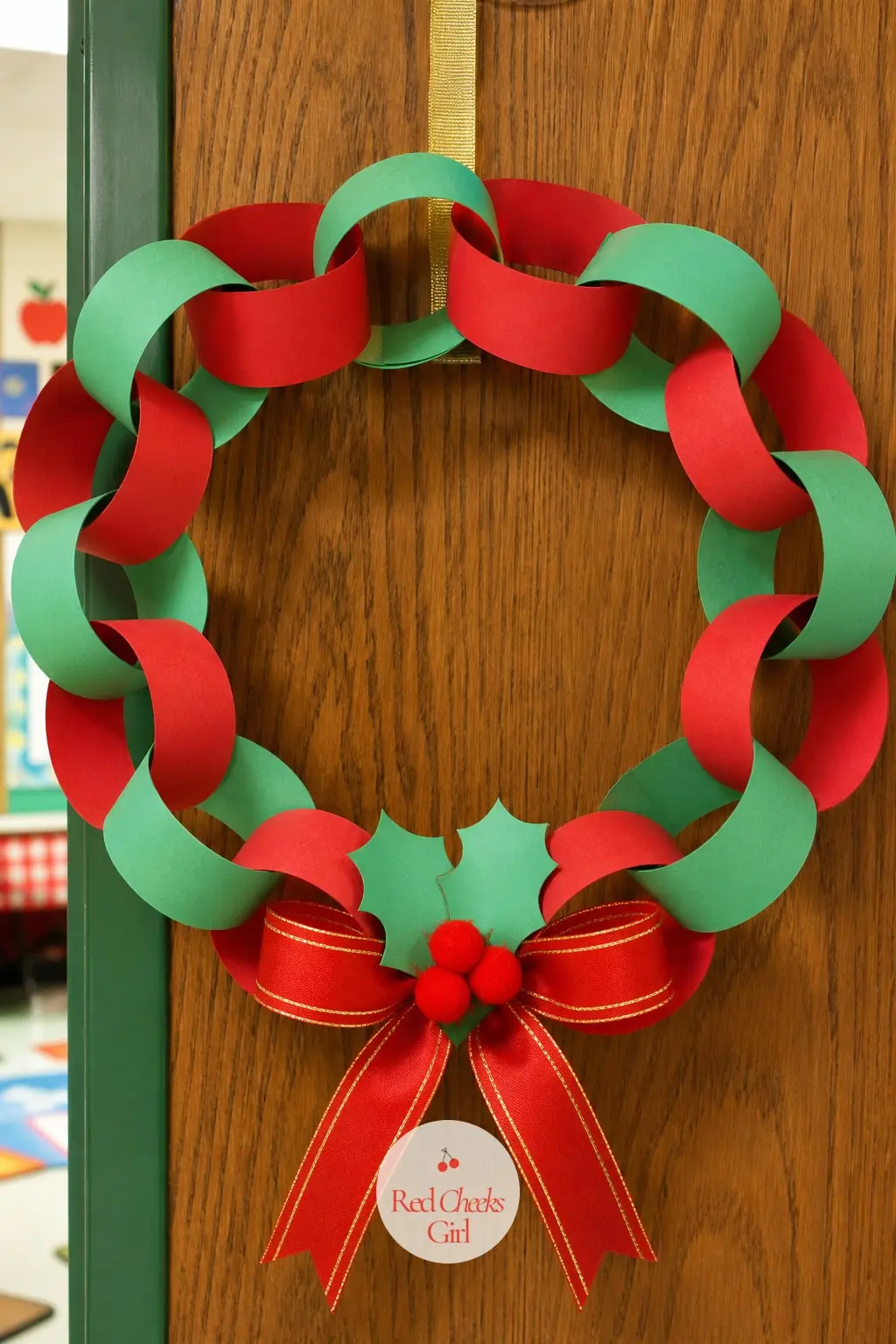 Paper Chain Loop Wreath — Cut strips of red and green construction paper and loop them into a classic paper chain, long enough that the chain itself curls into