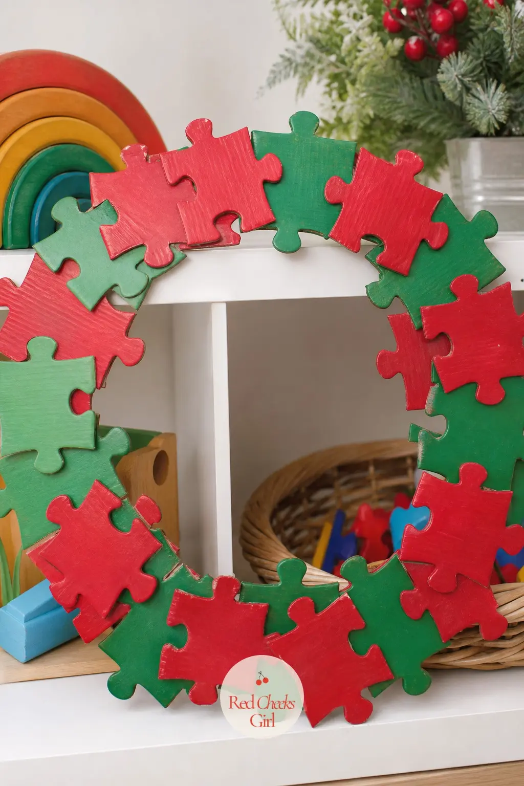 Puzzle Piece Wreath — Raid the box of puzzles missing pieces, paint the orphaned pieces red and green, and glue them in overlapping rows around a cardboard