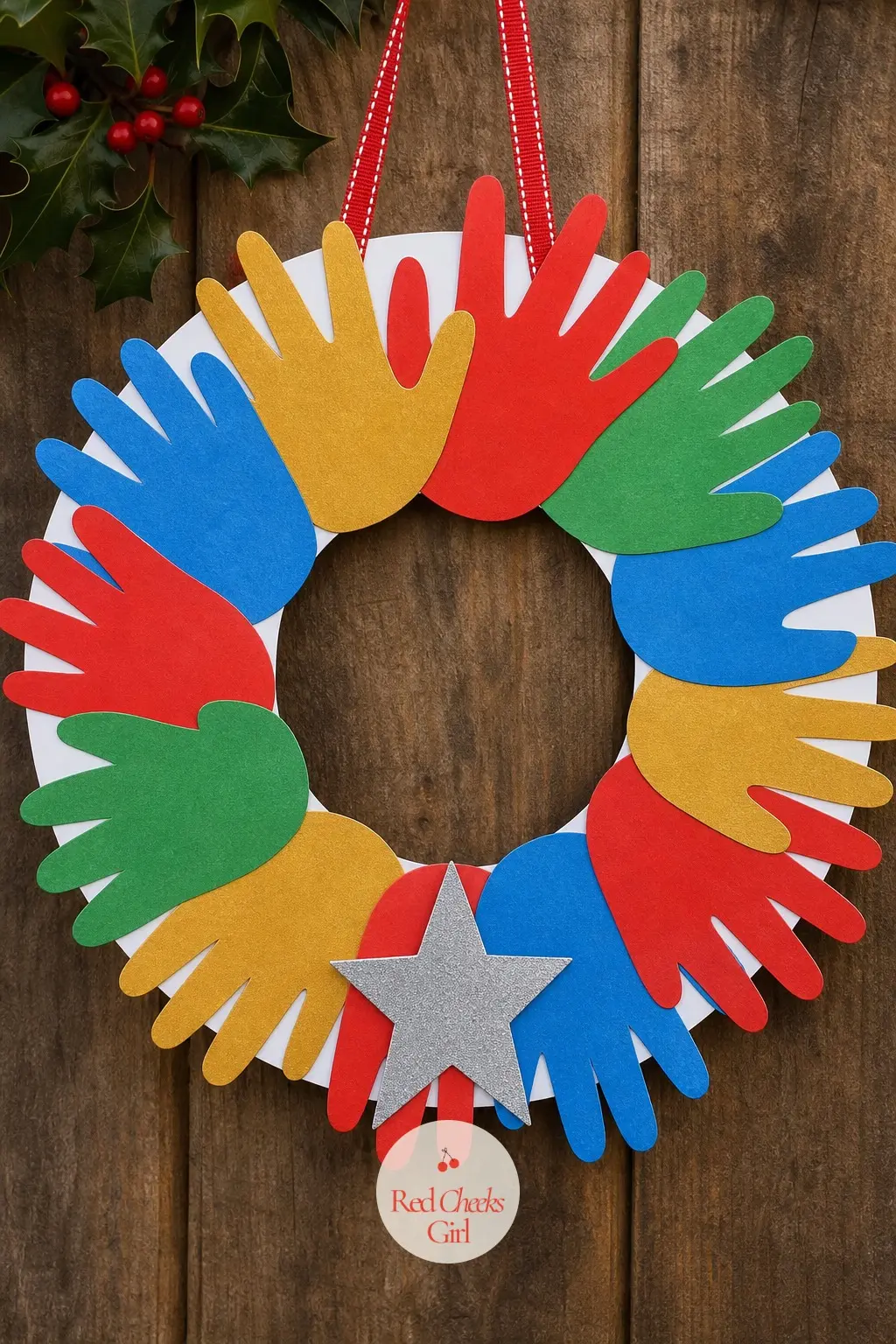 Rainbow Handprint Wreath — Instead of all-green, this wreath uses a different color for every handprint, red, green, gold and blue, fanned shingle-style around