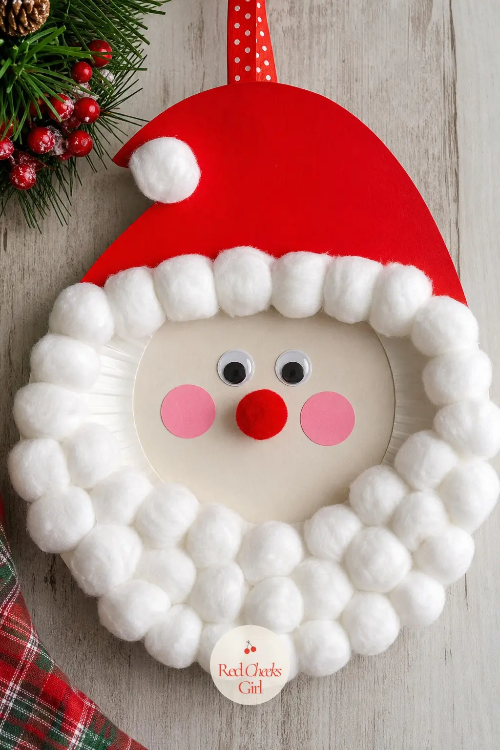 Santa Face Paper Plate Wreath — A white paper plate ring gets a border of stretched cotton balls for the beard, a red felt triangle folded into a hat at the