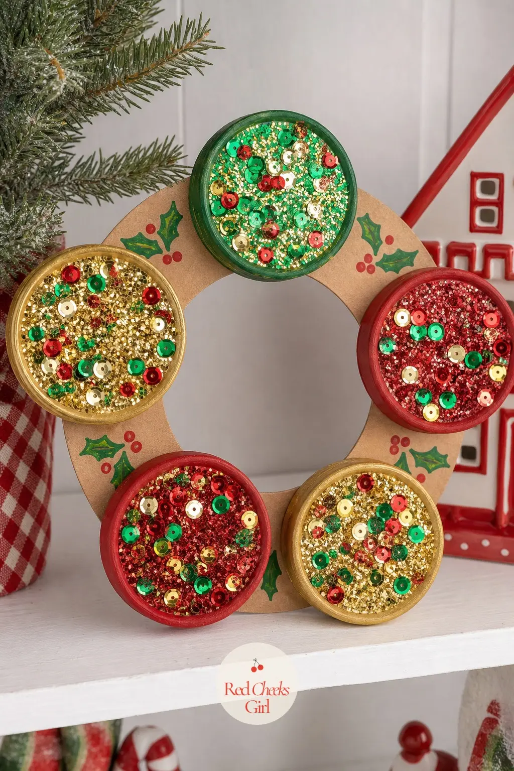 Sequin and Glitter Jar Lid Wreath — Save five or six mason jar lids, paint them in red, green and gold, then coat the wet paint in sequins and fine glitter
