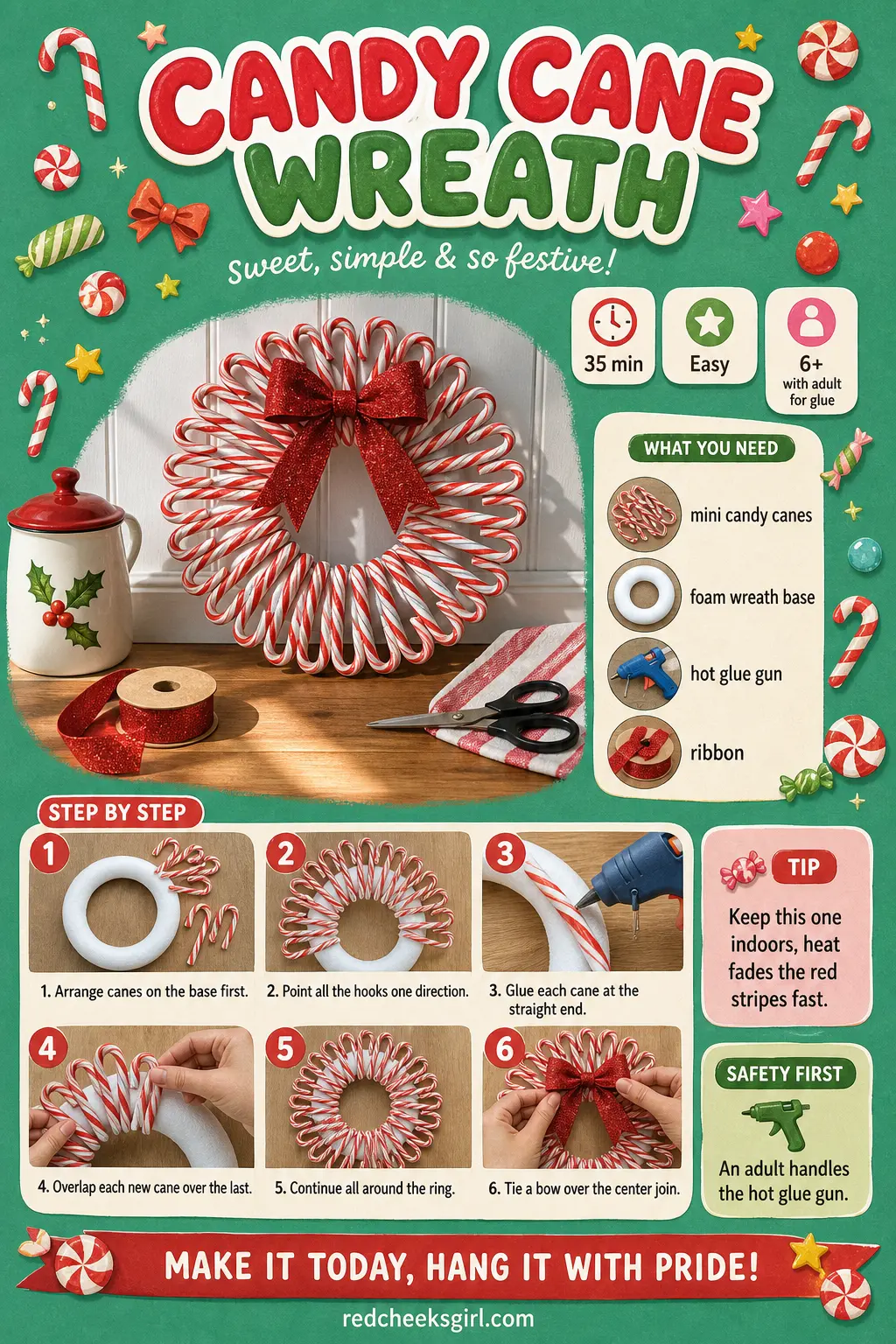 Candy Cane Wreath Craft Card printable sheet — Printable card for the candy cane wreath. Christmas wreaths diy