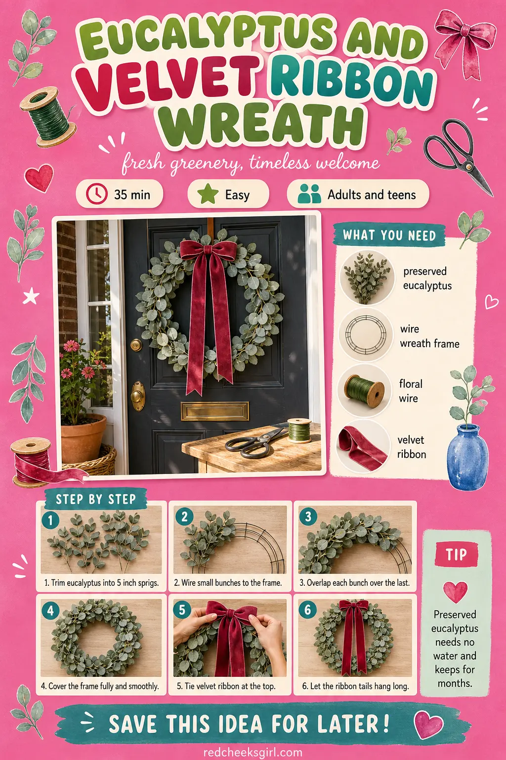 Eucalyptus and Velvet Ribbon Wreath Craft Card printable sheet — Printable card for the eucalyptus and velvet ribbon wreath. Christmas wreaths diy