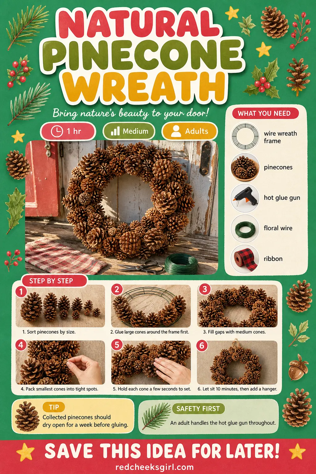 Natural Pinecone Wreath Craft Card printable sheet — Printable card for the natural pinecone wreath. Christmas wreaths diy