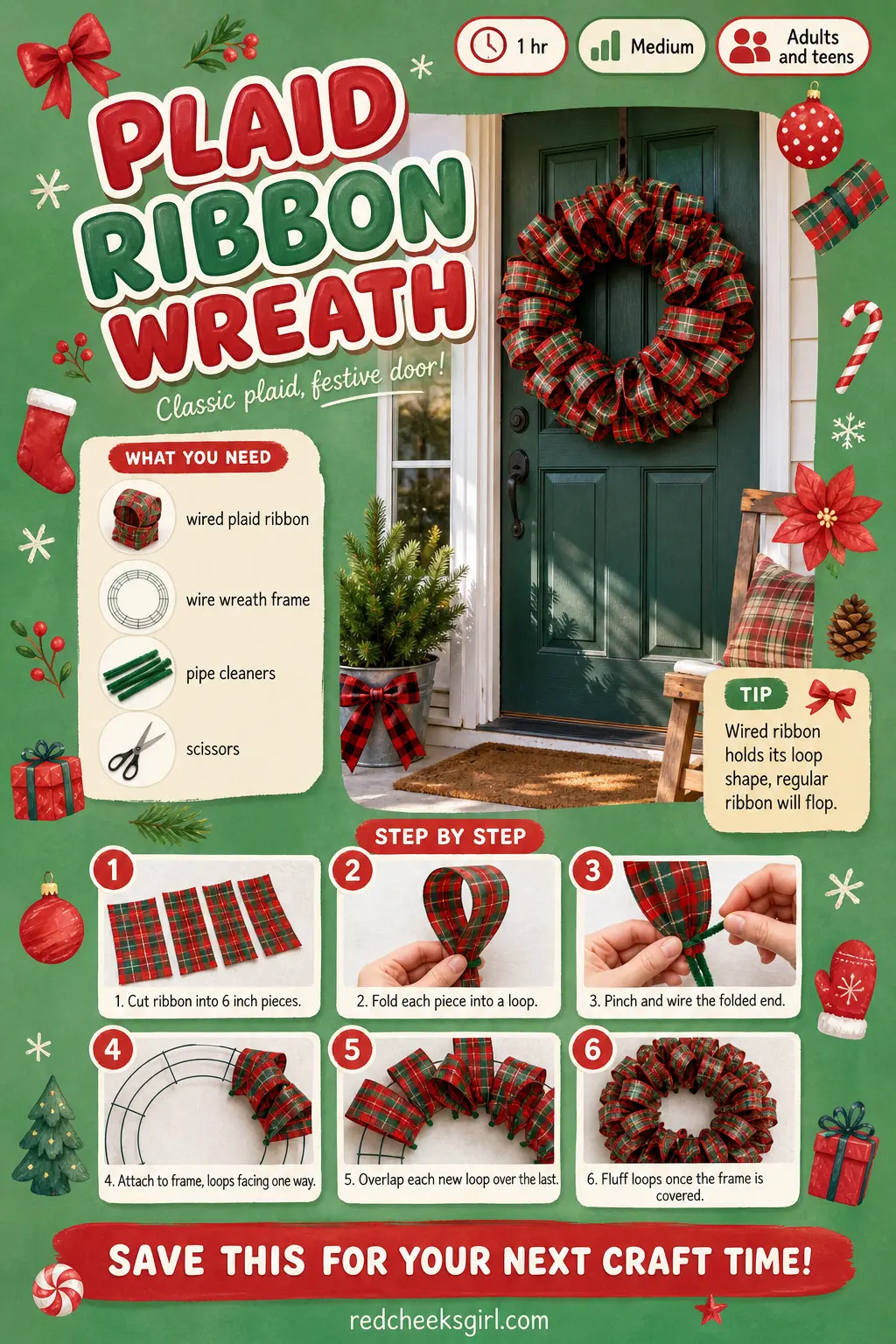 Plaid Ribbon Wreath Craft Card printable sheet — Printable card for the plaid ribbon wreath. Christmas wreaths diy