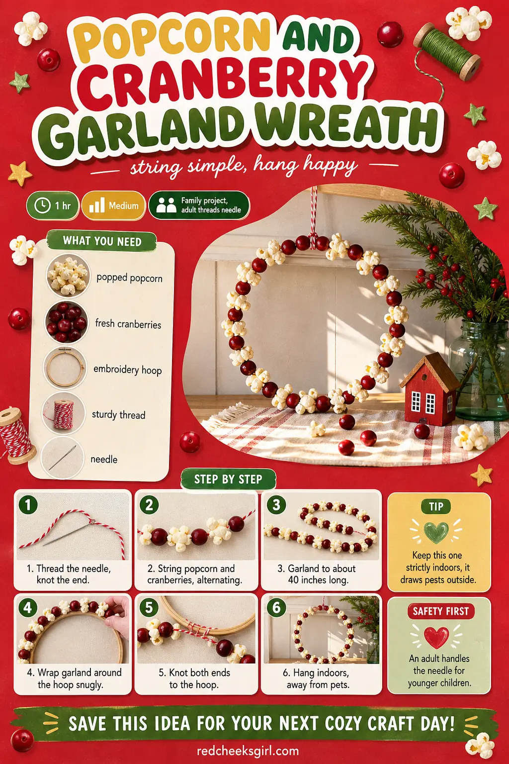 Popcorn and Cranberry Garland Wreath Craft Card printable sheet — Printable card for the popcorn and cranberry garland wreath. Christmas wreaths diy