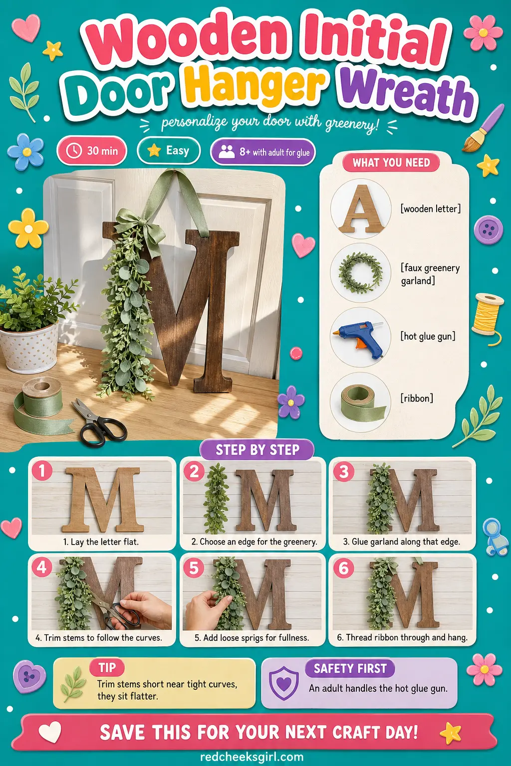 Wooden Initial Door Hanger Wreath Craft Card printable sheet — Printable card for the wooden initial door hanger wreath. Christmas wreaths diy
