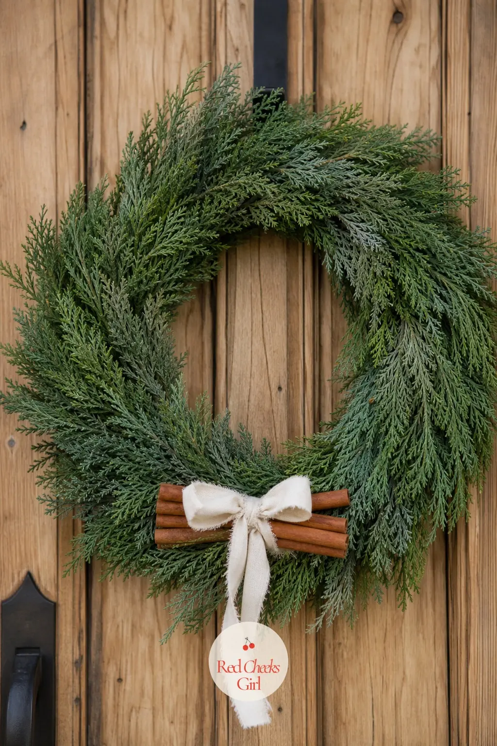 Cedar and Cinnamon Stick Wreath — Soft cedar fronds in muted green, bundles of cinnamon sticks tied in cream twine. Christmas wreaths for front door