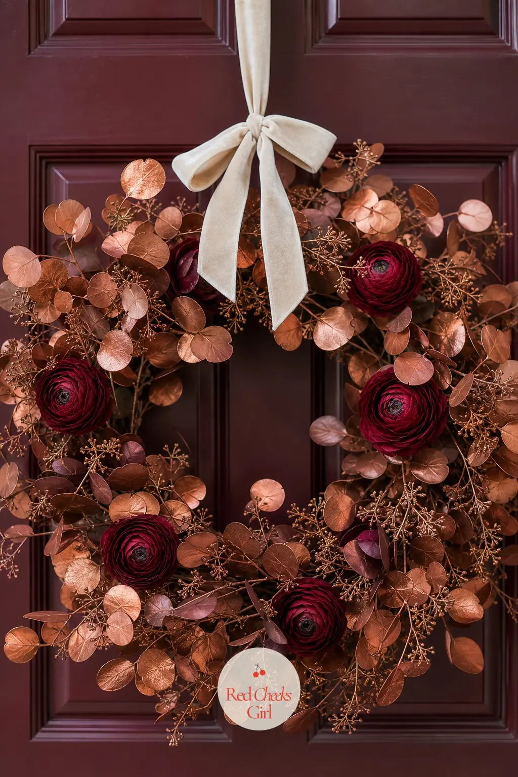 Copper and Burgundy Eucalyptus Wreath — Copper-dipped eucalyptus stems wound through with deep burgundy silk ranunculus, tied with a cream velvet ribbon.