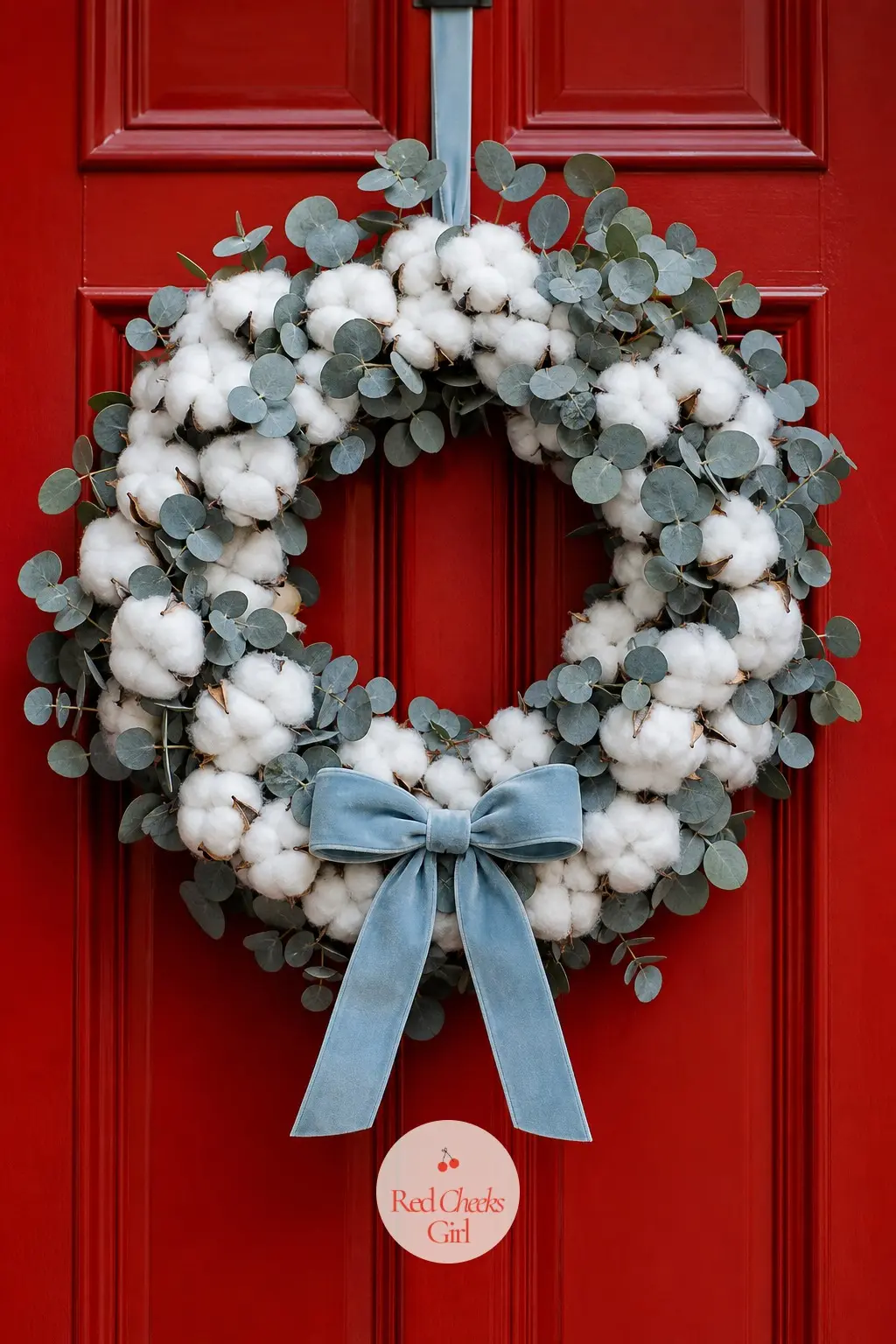 Cotton Boll and Grey Wreath — Fluffy white cotton bolls scattered through grey eucalyptus, tied off with a single pale blue ribbon. Christmas wreaths for front