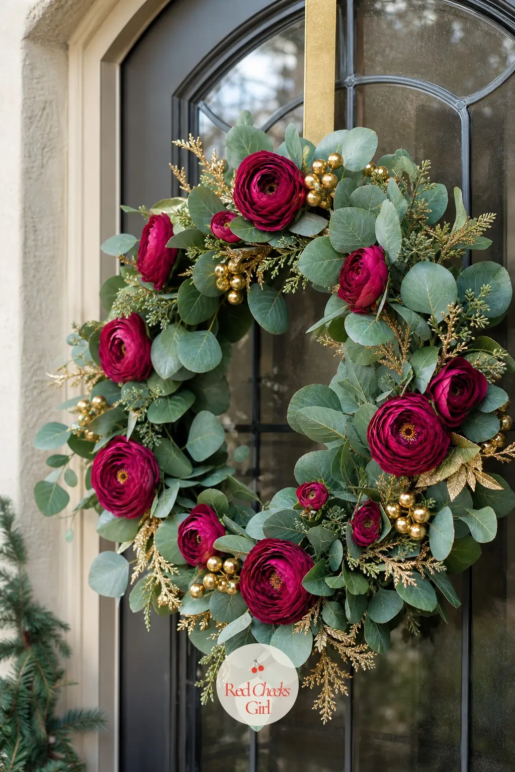 Emerald and Fuchsia Silk Flower Wreath — Emerald eucalyptus wound through with fuchsia silk ranunculus and a few gold accents. Christmas wreaths for front door