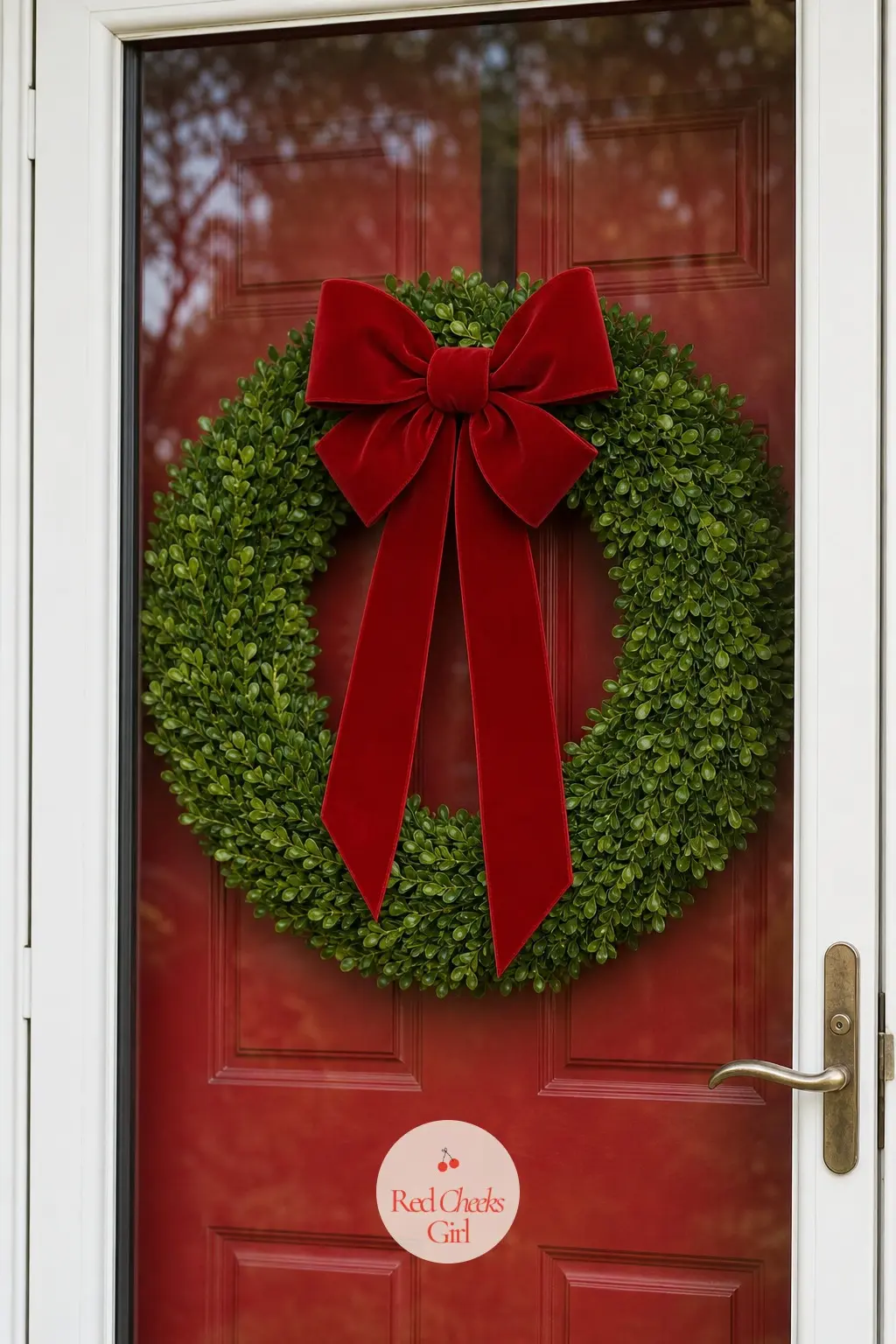 Flat Pancake Wreath for Storm Doors — A slim green and white wreath built on a flat frame no more than a couple of inches deep, with a red velvet bow sitting