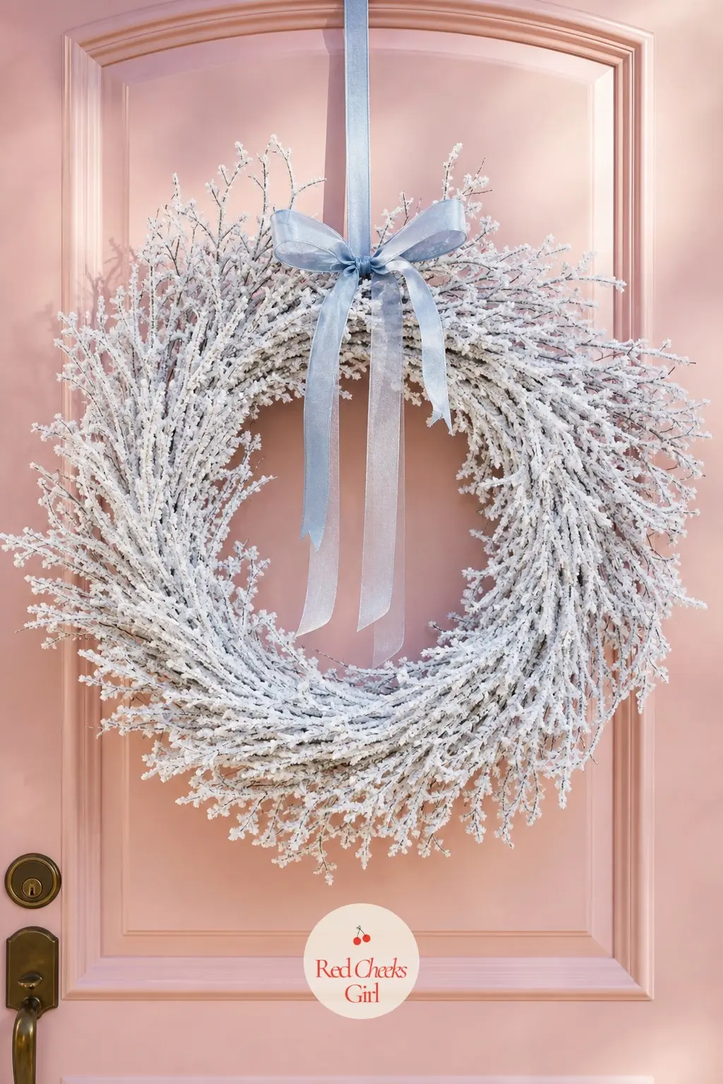 Flocked White Branch Wreath — Bare birch branches dusted in artificial snow, a scatter of silver and one thin ice blue ribbon. Christmas wreaths for front door